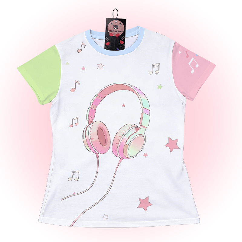 Headphones Graphic Modakawa Color Block T-shirt - White - 5XL - image 1