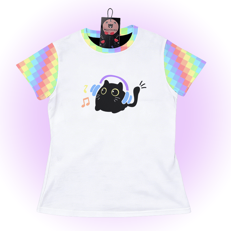 Headphones Cat Graphic Modakawa Color Block T-shirt - White - 5XL - image 2