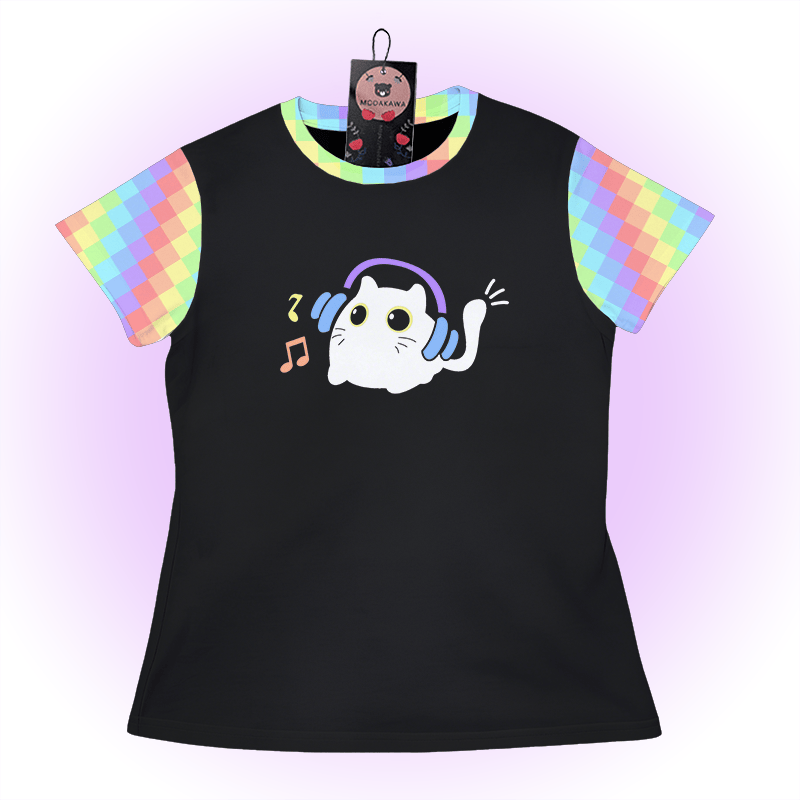 Headphones Cat Graphic Modakawa Color Block T-shirt - Black - 5XL - image 1