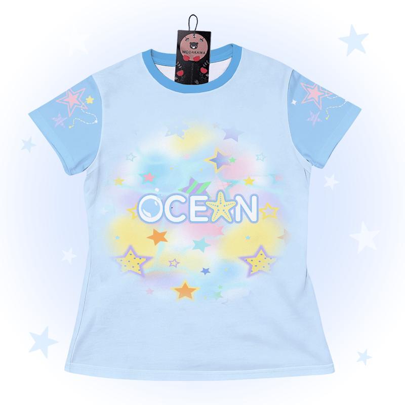 OCEAN Star Graphic Modakawa Color Block T-shirt - Blue - 5XL - image 1