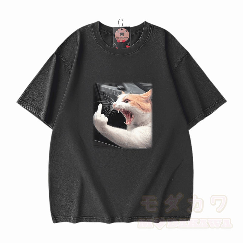 Angry Cat Graphic Modakawa Unisex Vintage Washed T-shirt - Black - 5XL - image 2