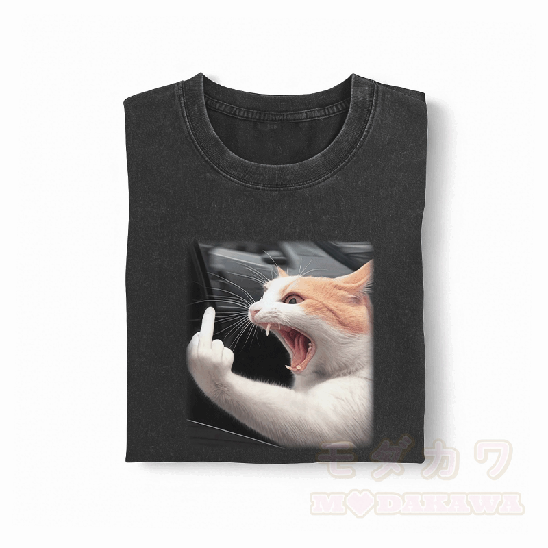 Angry Cat Graphic Modakawa Unisex Vintage Washed T-shirt - image 1