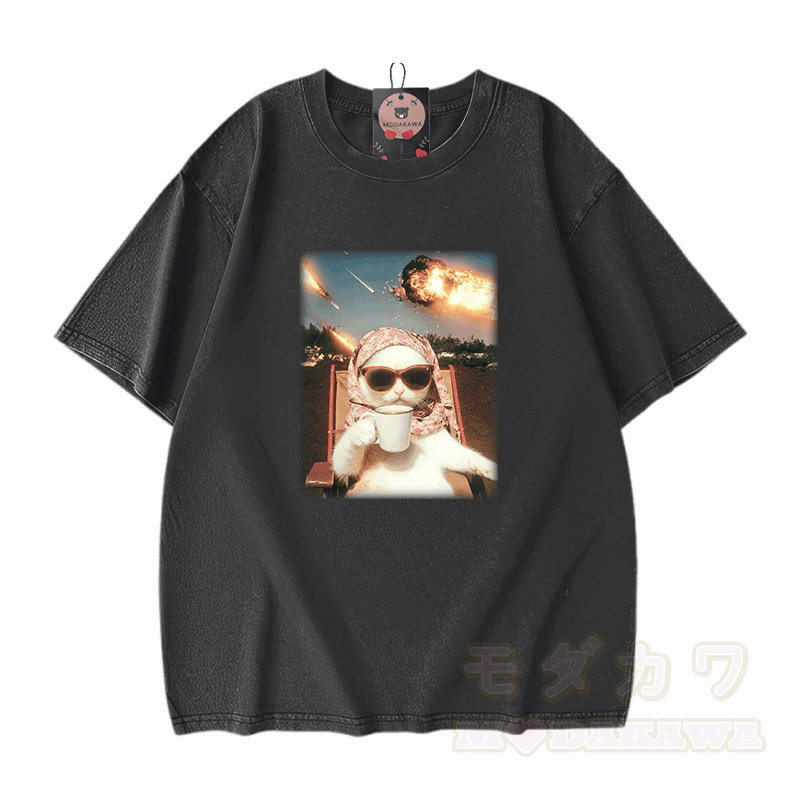 Chill Cat Graphic Modakawa Unisex Vintage Washed T-shirt - Black - 5XL - image 2