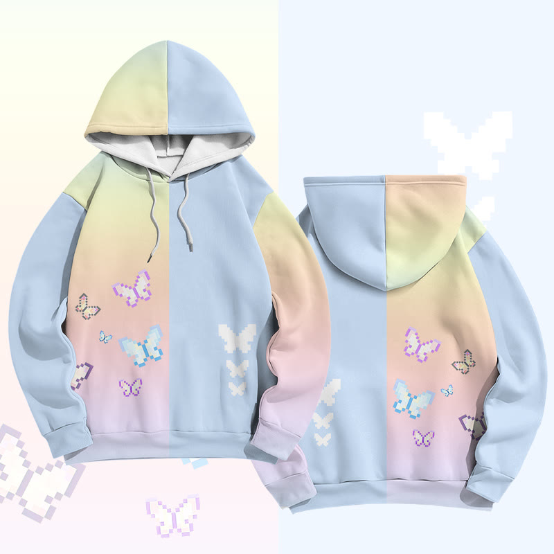 Pixel Butterfly Graphic Modakawa Color Block Pullover Hoodie - Blue - 6XL - image 2