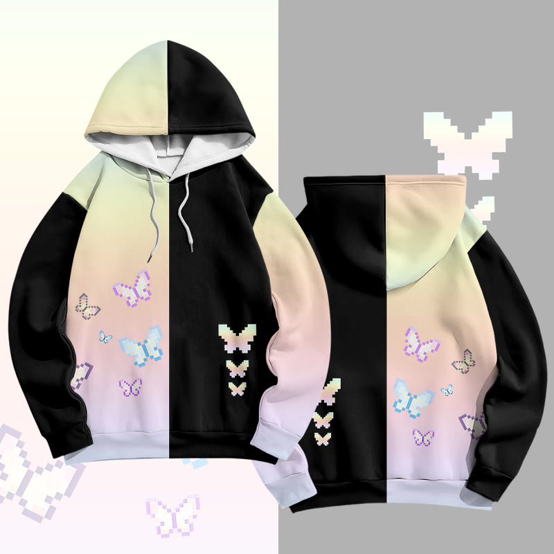 Pixel Butterfly Graphic Modakawa Color Block Pullover Hoodie - Black - 6XL - image 1