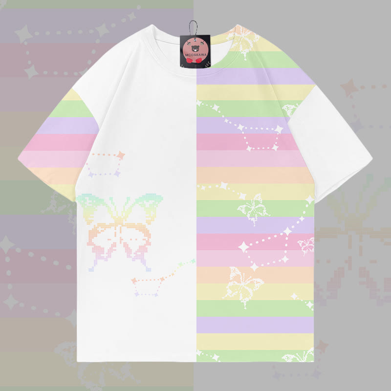 Pixel Butterfly Graphic Modakawa Color Block T-shirt - White - 5XL - image 2