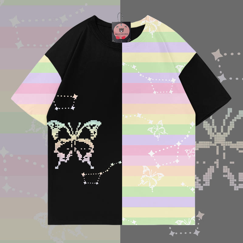 Pixel Butterfly Graphic Modakawa Color Block T-shirt - Black - 5XL - image 1