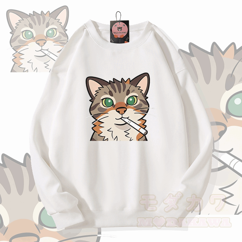 Smoking Cat Graphic Modakawa Unisex Sweatshirt - White - 5XL - image 1