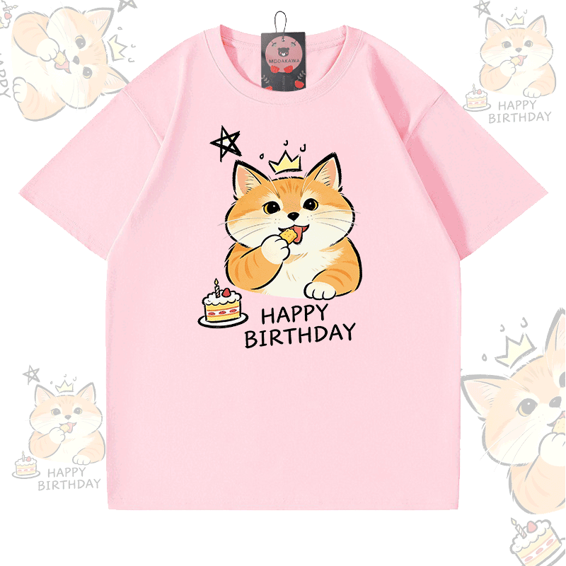 HAPPY BIRTHDAY Cat Graphic Modakawa 100% Cotton T-shirt - Light Pink - 5XL - image 5