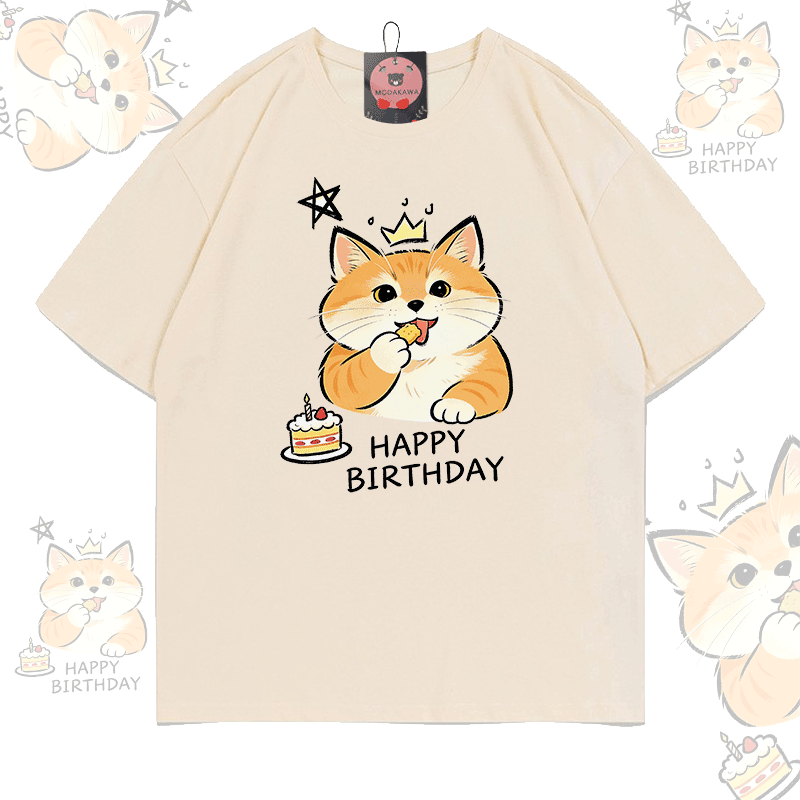 HAPPY BIRTHDAY Cat Graphic Modakawa 100% Cotton T-shirt - Apricot - 5XL - image 1