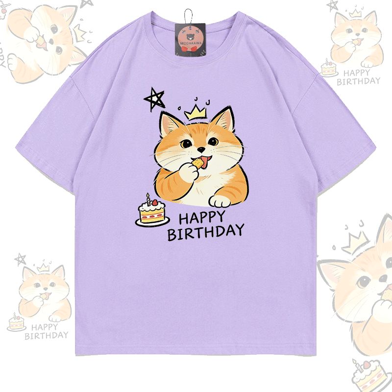 HAPPY BIRTHDAY Cat Graphic Modakawa 100% Cotton T-shirt - Light Purple - 5XL - image 6