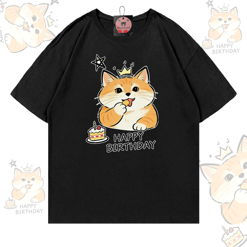HAPPY BIRTHDAY Cat Graphic Modakawa 100% Cotton T-shirt - Black - 5XL - image 2