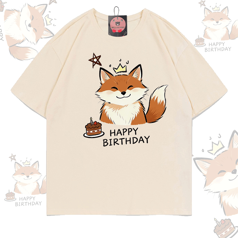 HAPPY BIRTHDAY Fox Graphic Modakawa 100% Cotton T-shirt - Apricot - 5XL - image 1