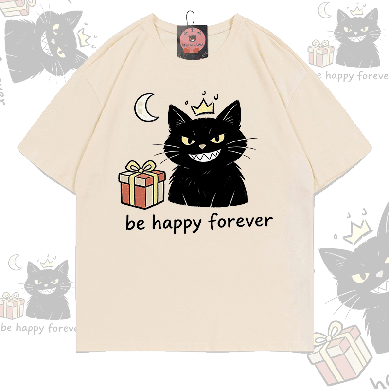 BE HAPPY FOREVER Black Cat Graphic Modakawa 100% Cotton T-shirt - Apricot - 5XL - image 2