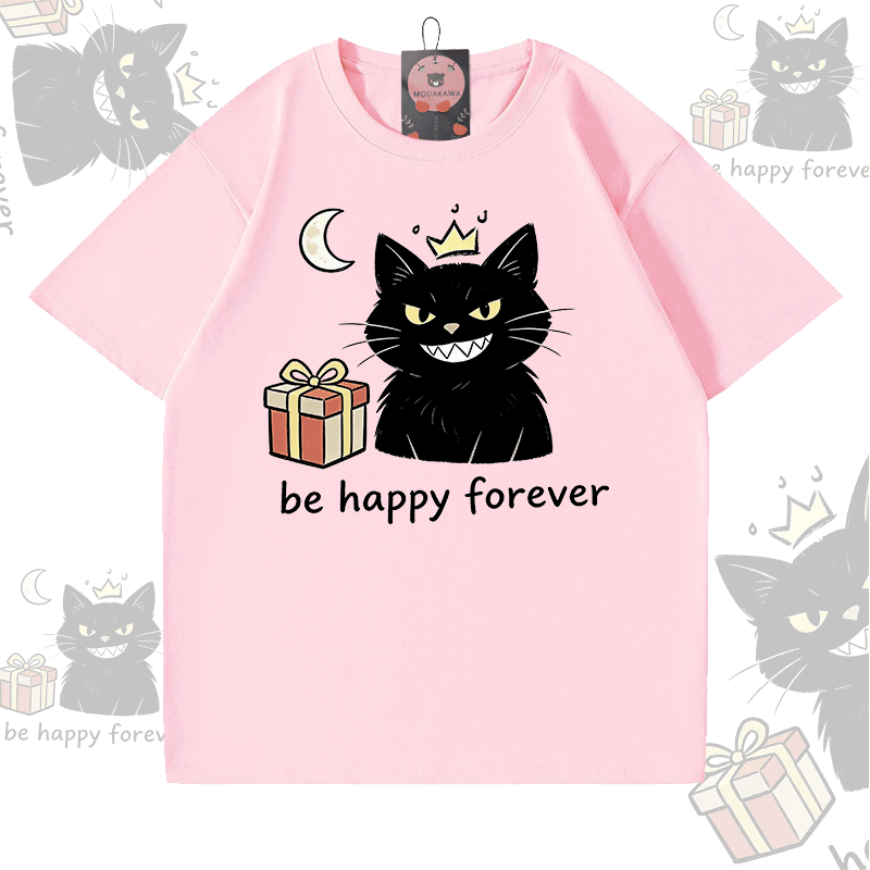 BE HAPPY FOREVER Black Cat Graphic Modakawa 100% Cotton T-shirt - Light Pink - 5XL - image 1