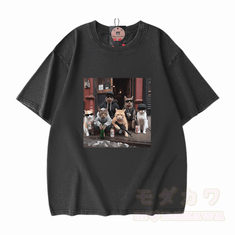 Street Cat Crew Graphic Modakawa Unisex Vintage Washed T-shirt - Black - 5XL - image 2