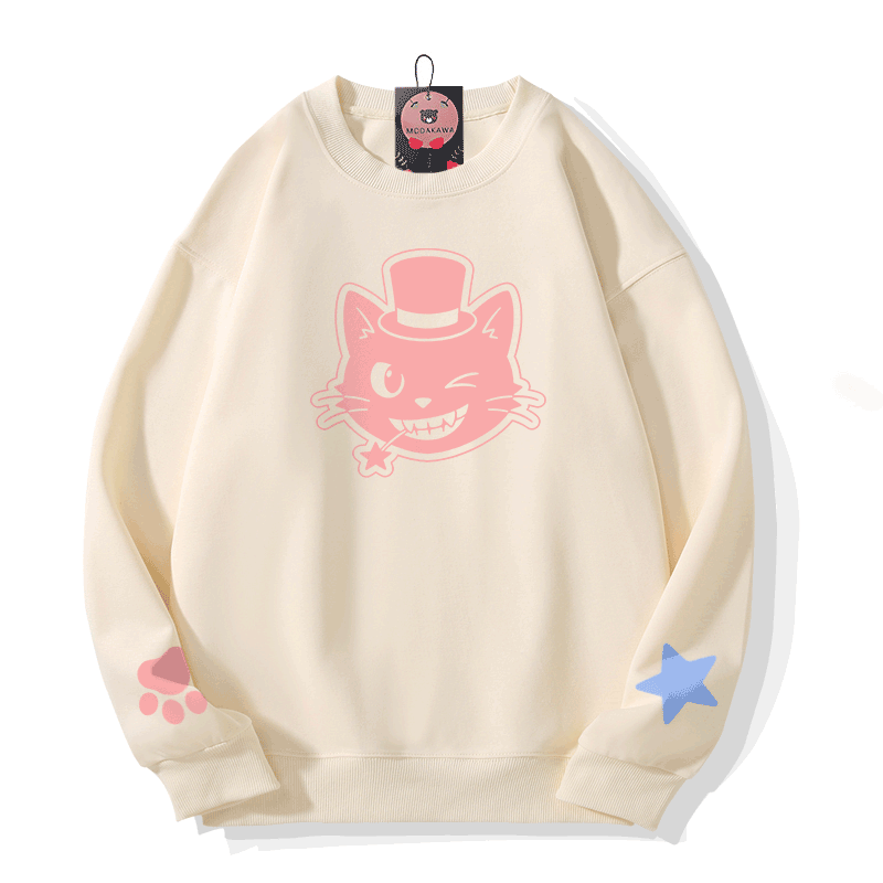 Cat Hat Graphic Modakawa Sweatshirt - Beige - 5XL - image 1