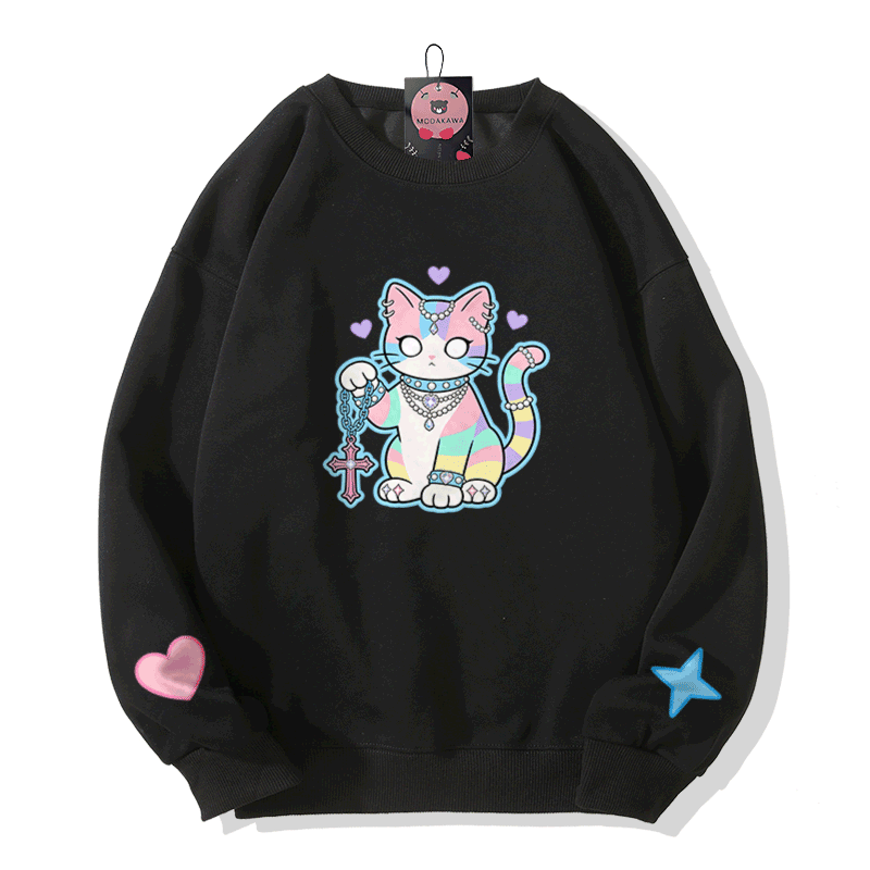 Astrology Cat Graphic Modakawa Sweatshirt - Black - 5XL - image 1