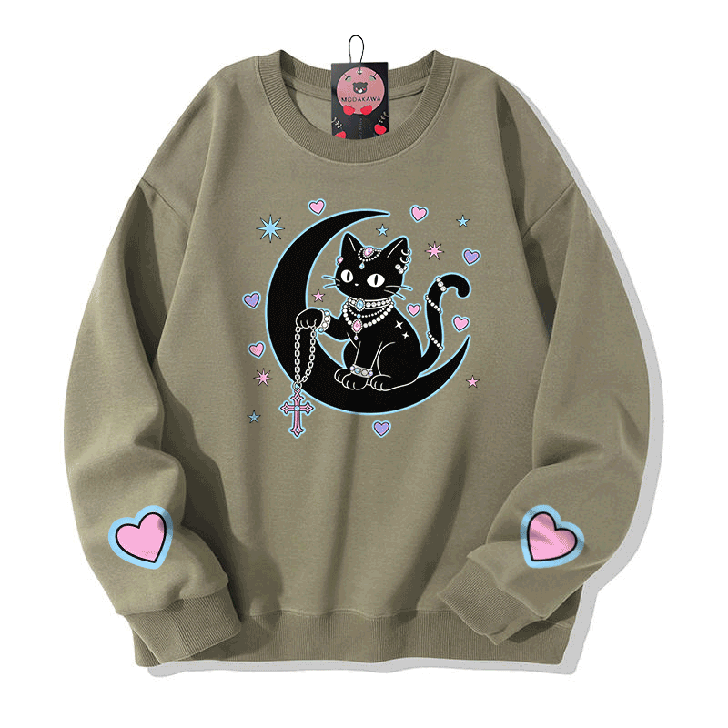 Astrology Black Cat Graphic Modakawa Sweatshirt - Light Khaki - 5XL - image 1
