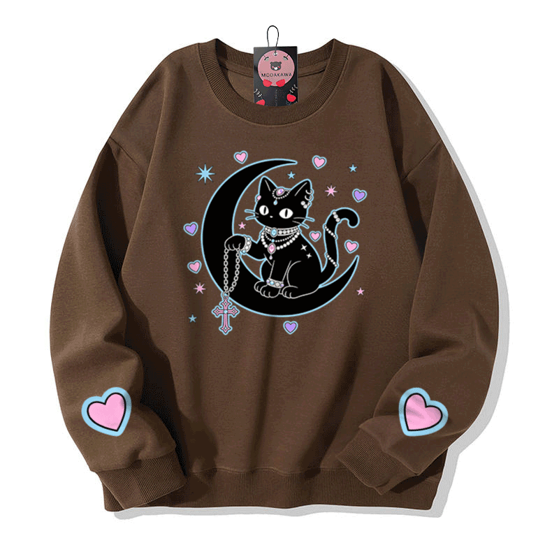 Astrology Black Cat Graphic Modakawa Sweatshirt - Brown - 5XL - image 5