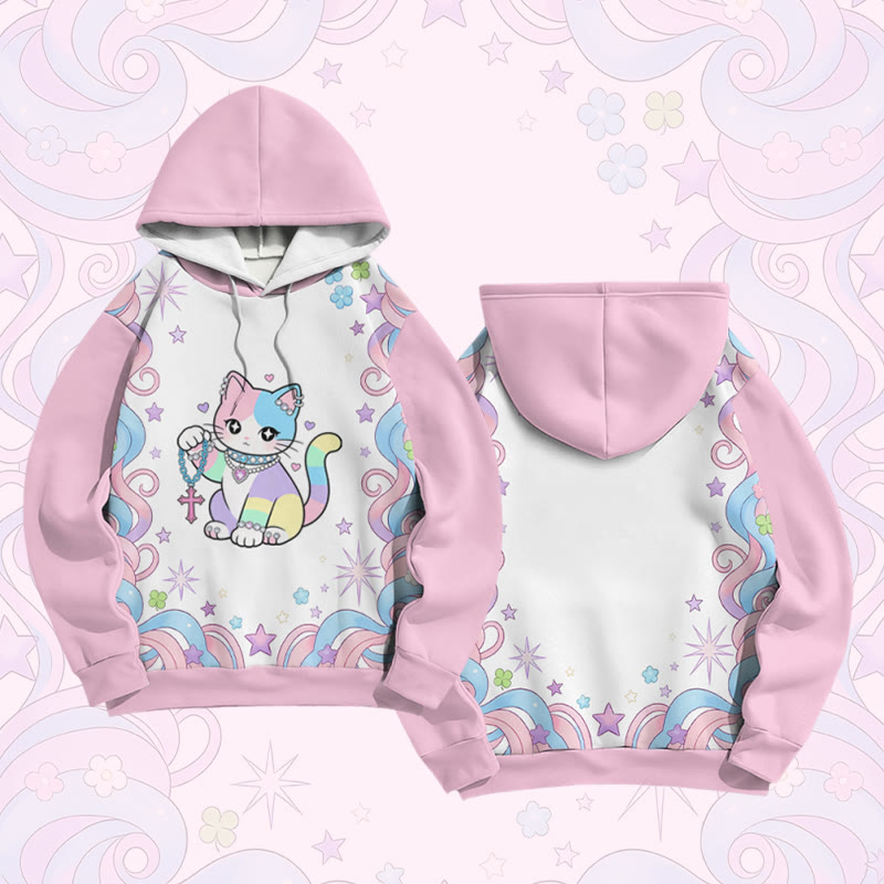 Maximalist Rainbow Cat Graphic Modakawa Color Block Pullover Hoodie - Pink - 6XL - image 1