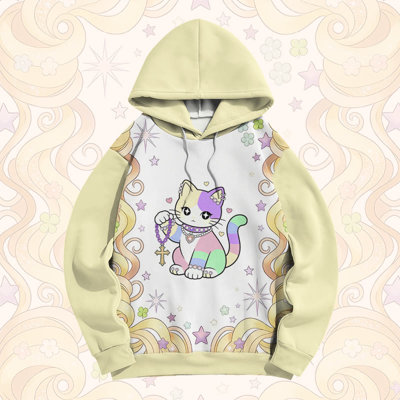Maximalist Rainbow Cat Graphic Modakawa Color Block Pullover Hoodie - image 5