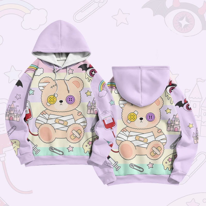 Patchwork Bear Graphic Modakawa Color Block Pullover Hoodie - Purple - 6XL - image 2