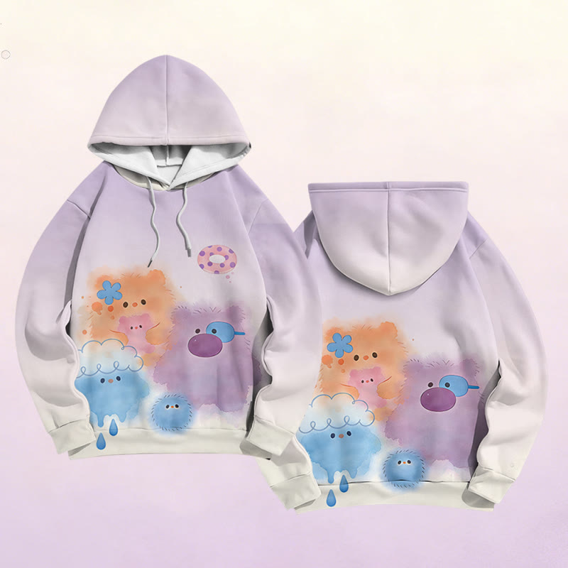 Fuzzy Colorful Monster Graphic Modakawa Color Block Pullover Hoodie - Purple - 6XL - image 2