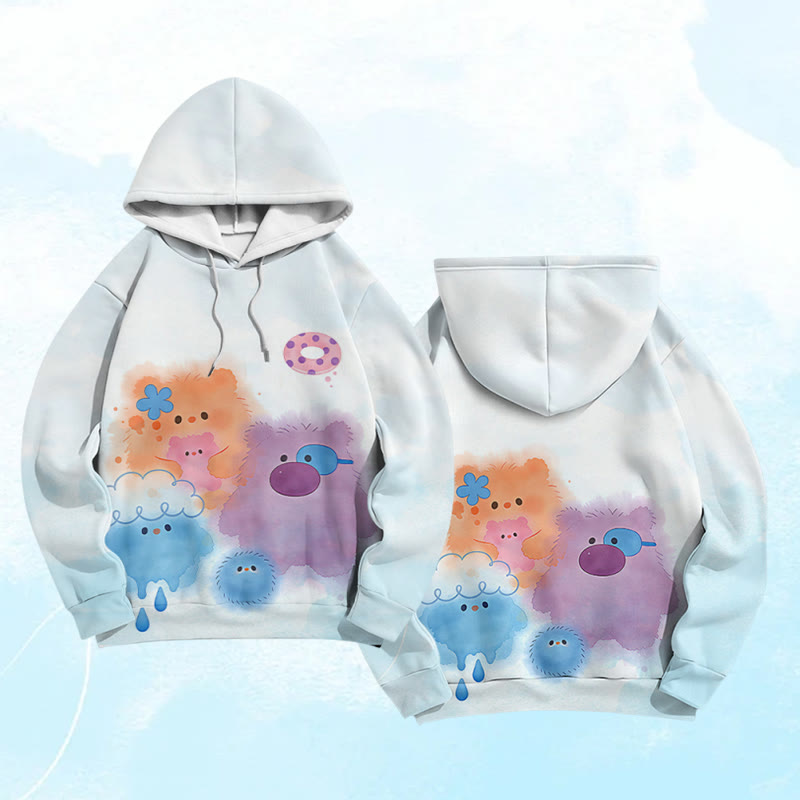 Fuzzy Colorful Monster Graphic Modakawa Color Block Pullover Hoodie - Blue - 6XL - image 1