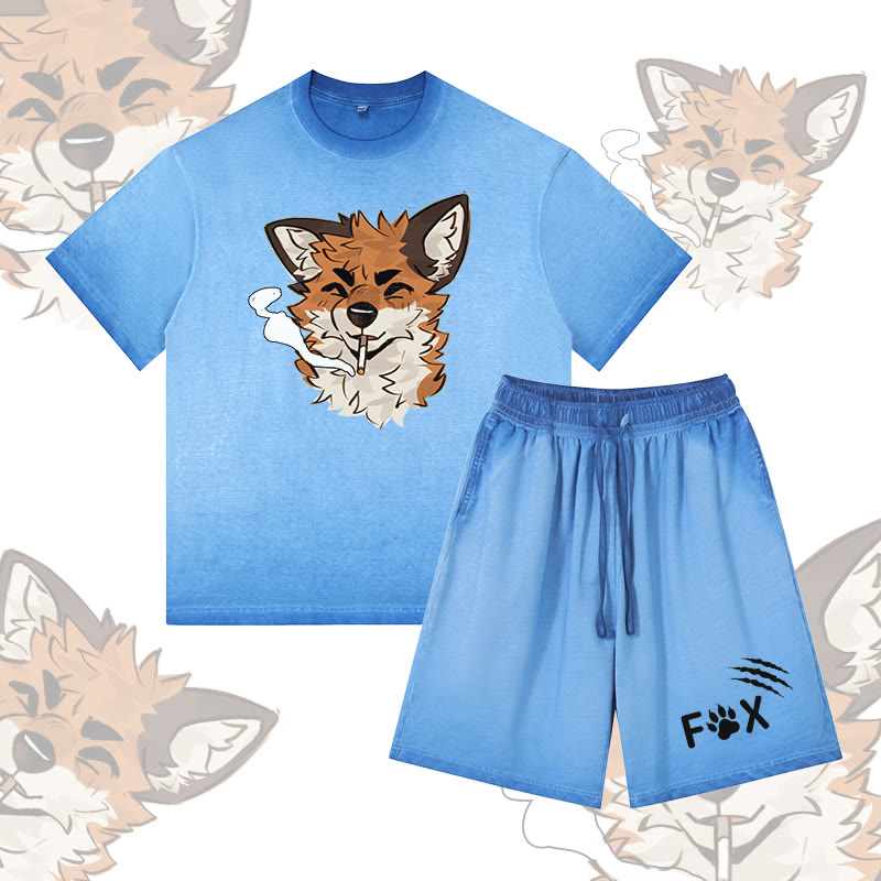 MODAKAWA X atka Smoking Fox Graphic Vintage Washed T-shirt FOX Letter Graphic Shorts Gradient Two Pieces Set - Blue - 5XL - image 1