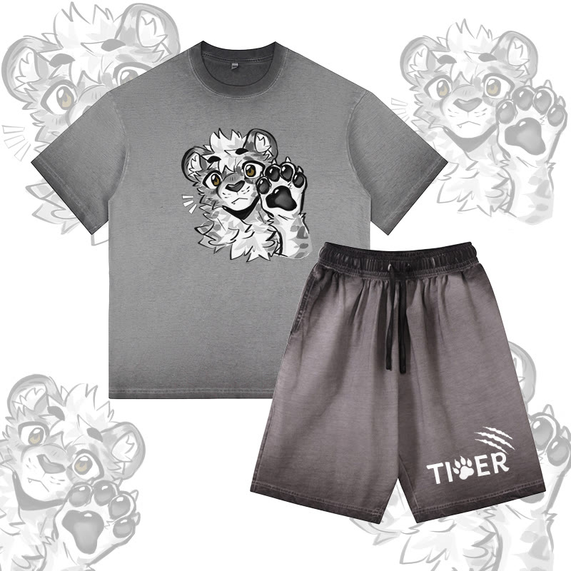 MODAKAWA X atka Tiger Paw Graphic Vintage Washed T-shirt TIGER Letter Graphic Shorts Gradient Two Pieces Set - Grey - 5XL - image 1
