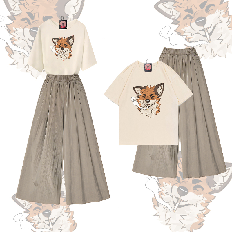 MODAKAWA X atka Fox Smoking Graphic 100% Cotton T-shirt Wide Leg Pants Two Pieces Set - Apricot & Olive Green - XL - image 1