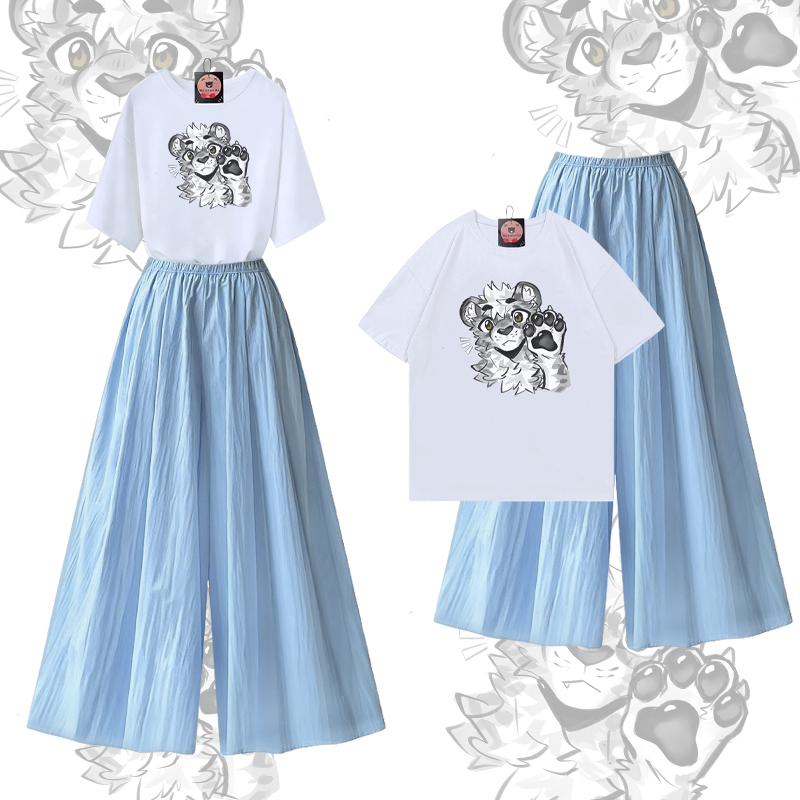 MODAKAWA X atka Tiger Paw Graphic 100% Cotton T-shirt Wide Leg Pants Two Pieces Set - White & Blue - XL - image 1