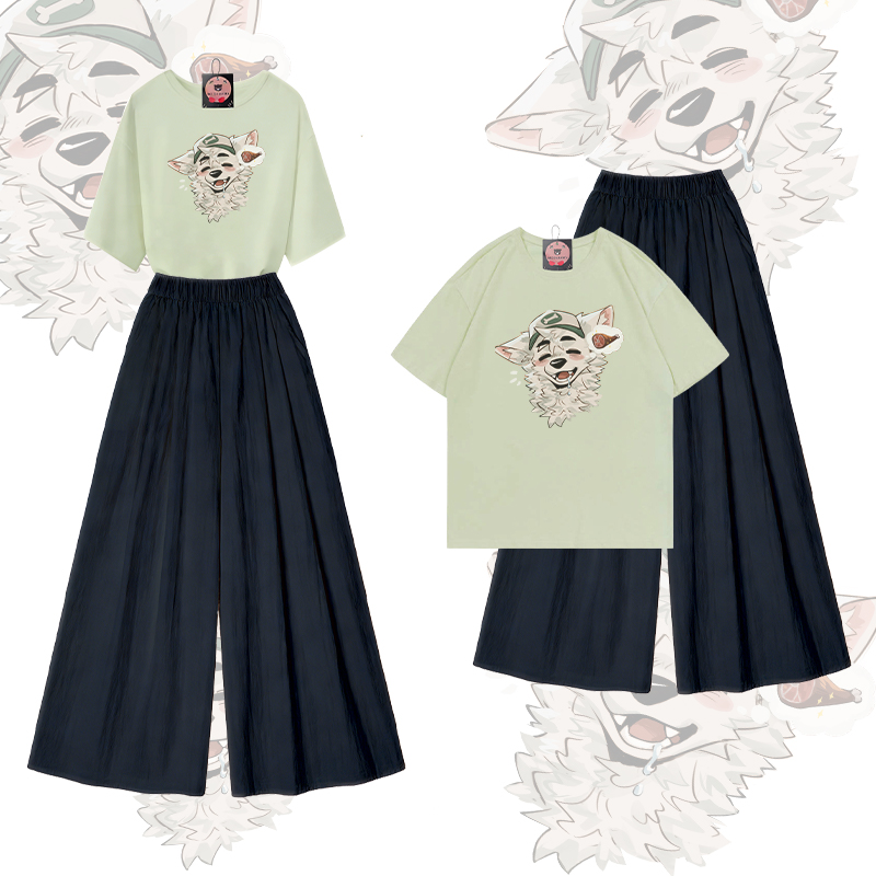 MODAKAWA X atka Fox Wants Meat Graphic 100% Cotton T-shirt Wide Leg Pants Two Pieces Set - Light Green & Black - XL - image 1