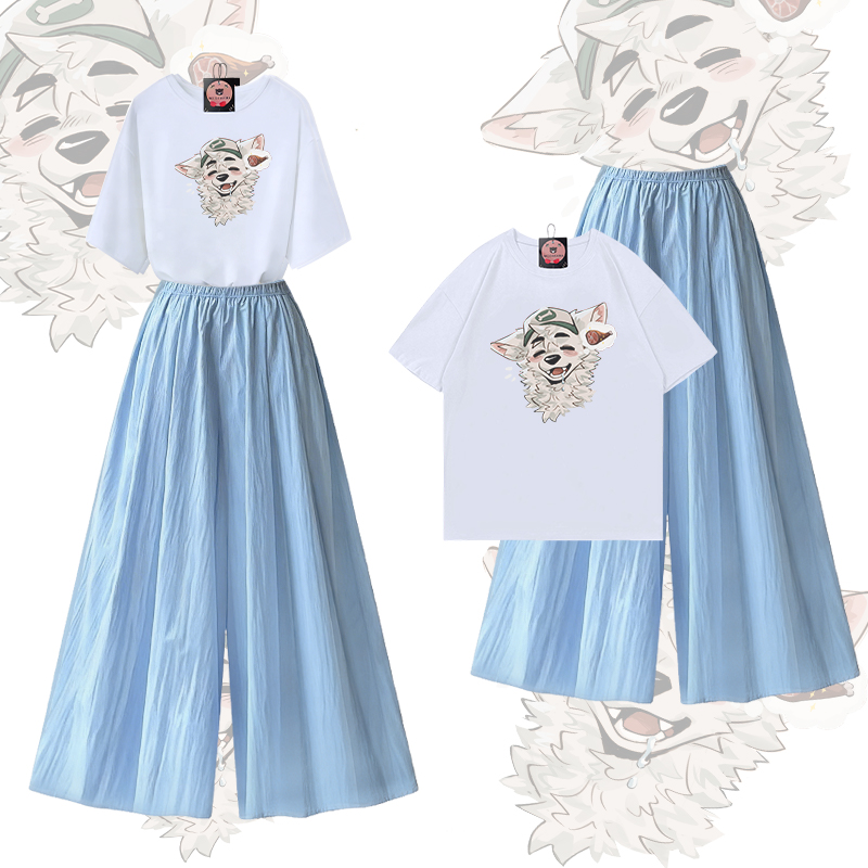 MODAKAWA X atka Fox Wants Meat Graphic 100% Cotton T-shirt Wide Leg Pants Two Pieces Set - White & Blue - XL - image 2