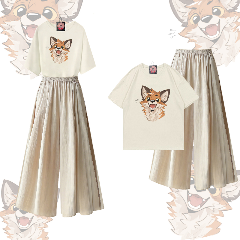 MODAKAWA X atka Happy Fox Graphic 100% Cotton T-shirt Wide Leg Pants Two Pieces Set - Light Beige & Apricot - XL - image 1