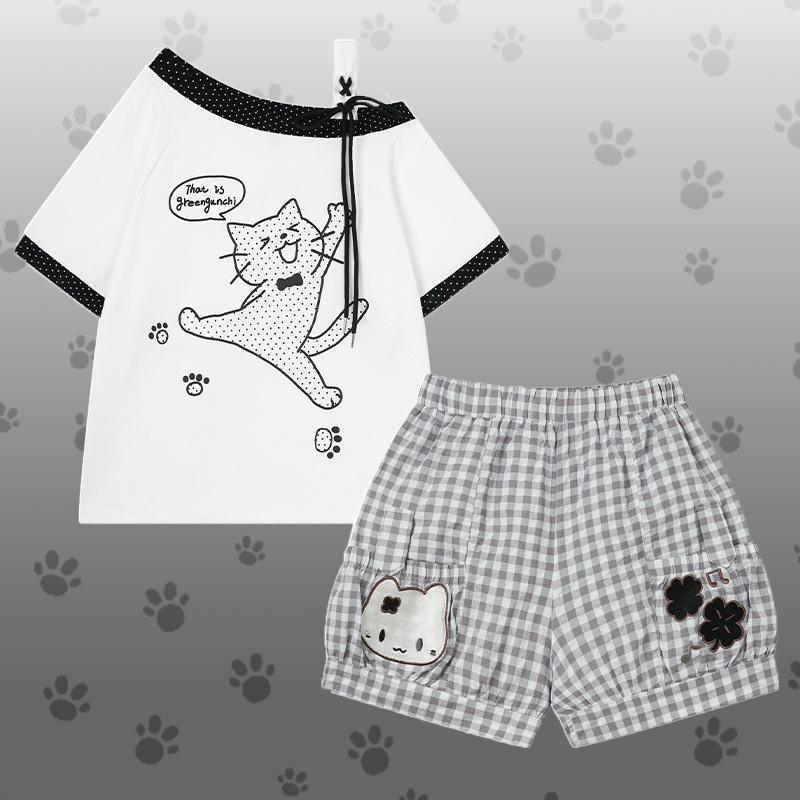 Polka Dot Cat Graphic One Shoulder T-shirt Kitty Gingham Shorts Modakawa Matching Outfit - Set B - L - image 2