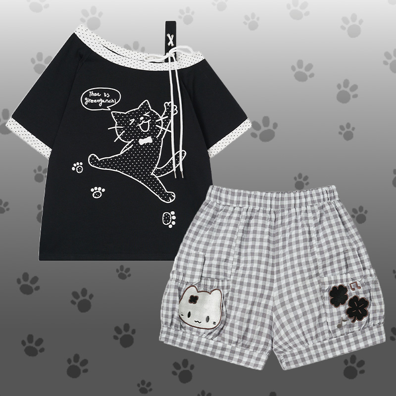 Polka Dot Cat Graphic One Shoulder T-shirt Kitty Gingham Shorts Modakawa Matching Outfit - Set A - L - image 1