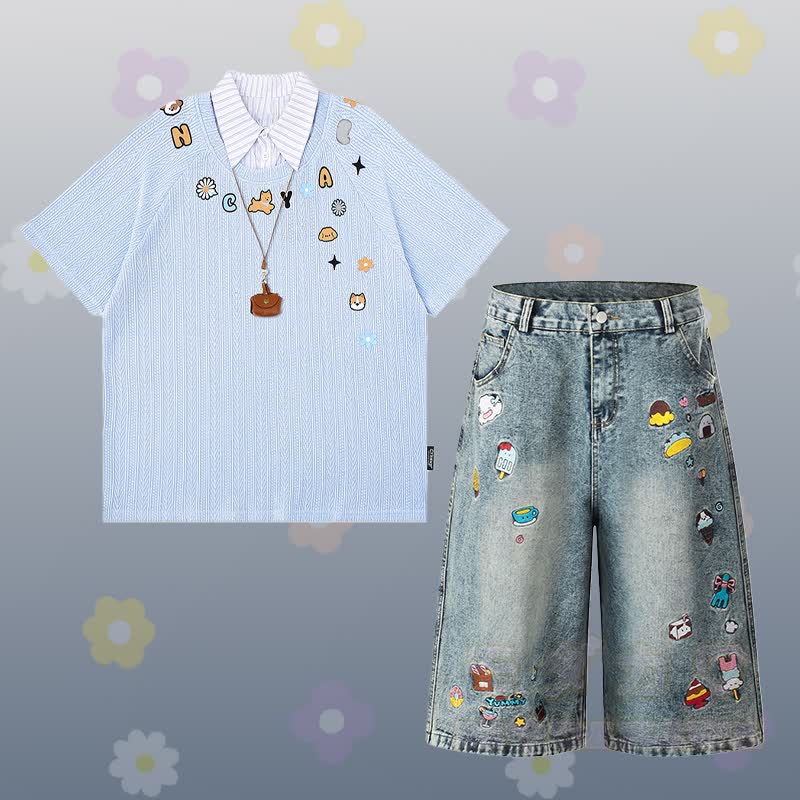 Puppy Graphic Stripe Polo T-shirt Food Embroidery Denim Cropped Pants Modakawa Matching Outfit - Set A - XL - image 1
