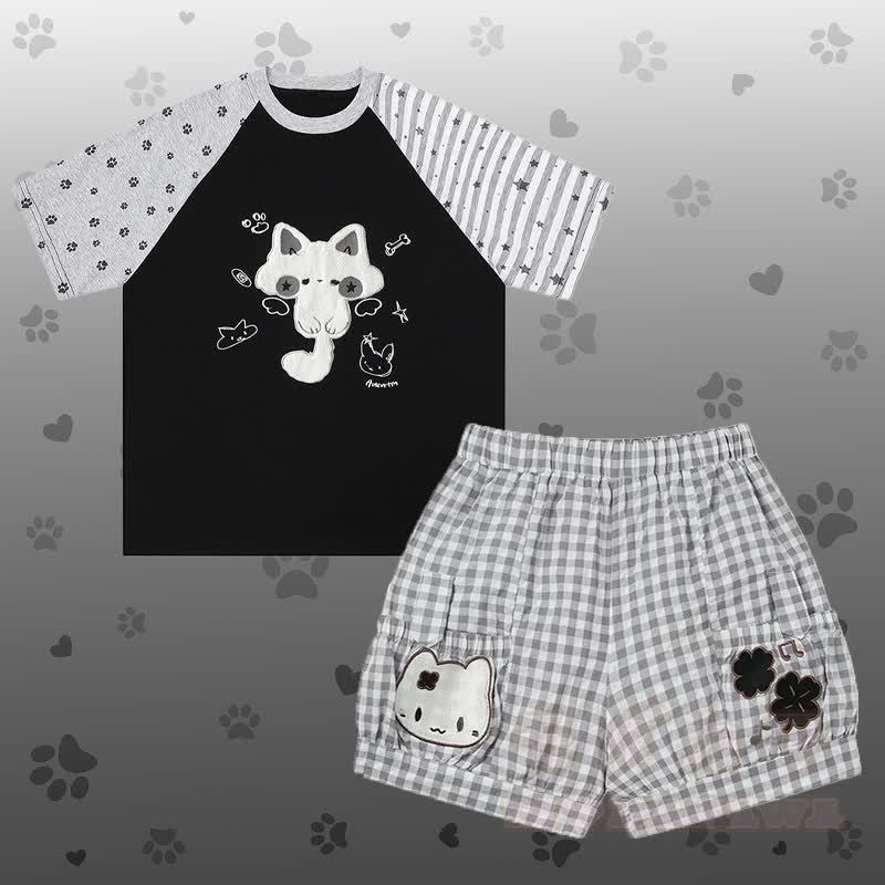 Flock Cat Graphic Raglan T-shirt Kitty Gingham Shorts Modakawa Matching Outfit - Set A - L - image 1