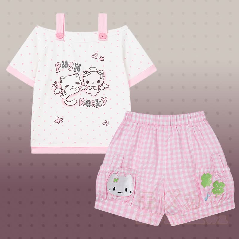 Polka Dot Cat Graphic Top Kitty Gingham Shorts Modakawa Matching Outfit - Set B - L - image 2