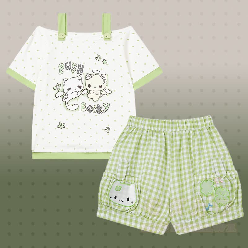 Polka Dot Cat Graphic Top Kitty Gingham Shorts Modakawa Matching Outfit - Set A - L - image 1