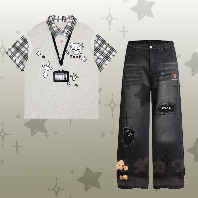 Demon Kitty Graphic Color Block Polo T-shirt Ripped Denim Pants Modakawa Matching Outfit - Set B - XL - image 2
