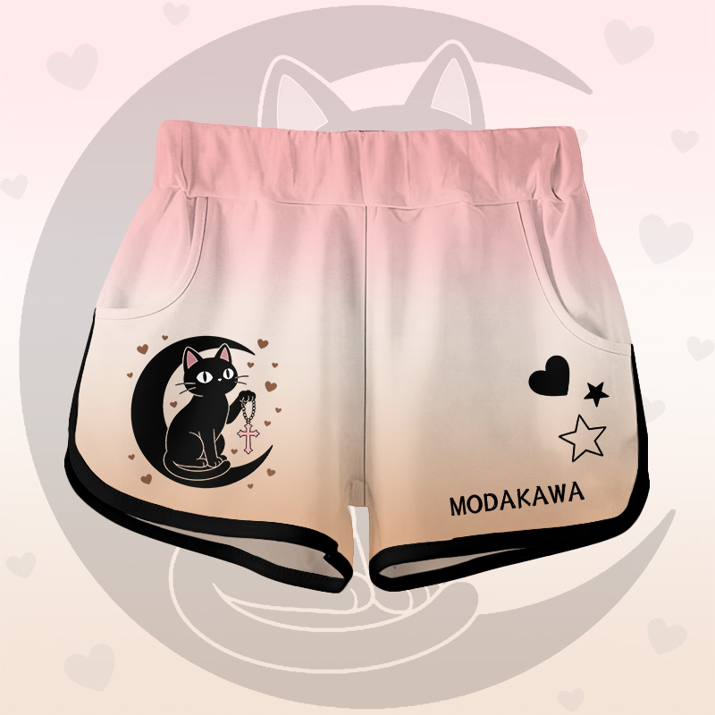 Gradient Black Cat Moon Graphic Modakawa Shorts - Pink A - 5XL - image 3
