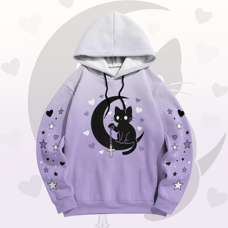Gradient Black Cat Moon Graphic Modakawa Pullover Hoodie - Purple C - 6XL - image 3