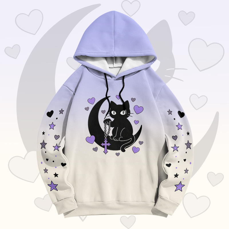 Gradient Black Cat Moon Graphic Modakawa Pullover Hoodie - Purple A - 6XL - image 1