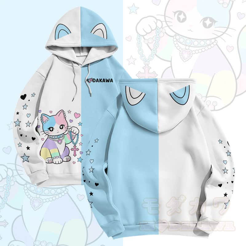 MODAKAWA Star Heart Cat Graphic Color Block Pullover Hoodie - White & Blue - 6XL - image 1