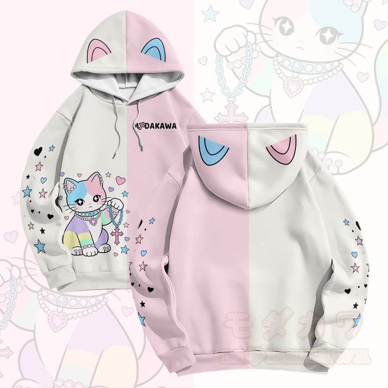 MODAKAWA Star Heart Cat Graphic Color Block Pullover Hoodie - White & Pink - 6XL - image 3