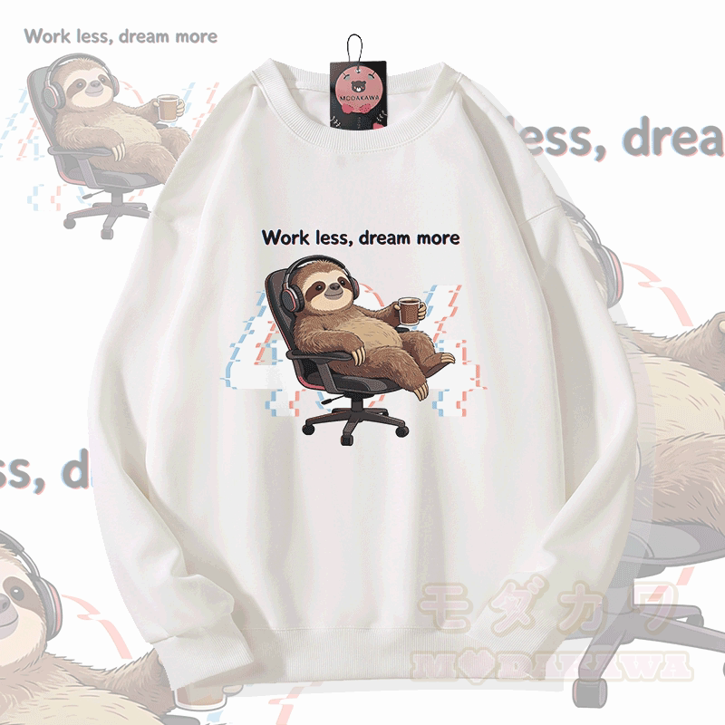 404 WORK LESS DREAM MORE Sloth Graphic Modakawa Unisex Sweatshirt - White - 5XL - image 1