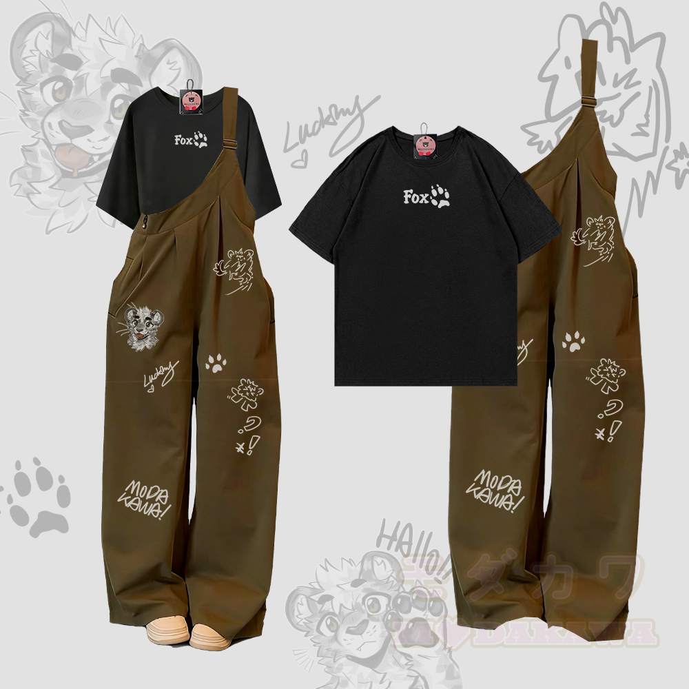 MODAKAWA X atka Letter Graphic 100% Cotton T-shirt Cheeky Tiger Face Graphic One Shoulder Overalls Two Pieces Set - Black & Green - XL - image 2